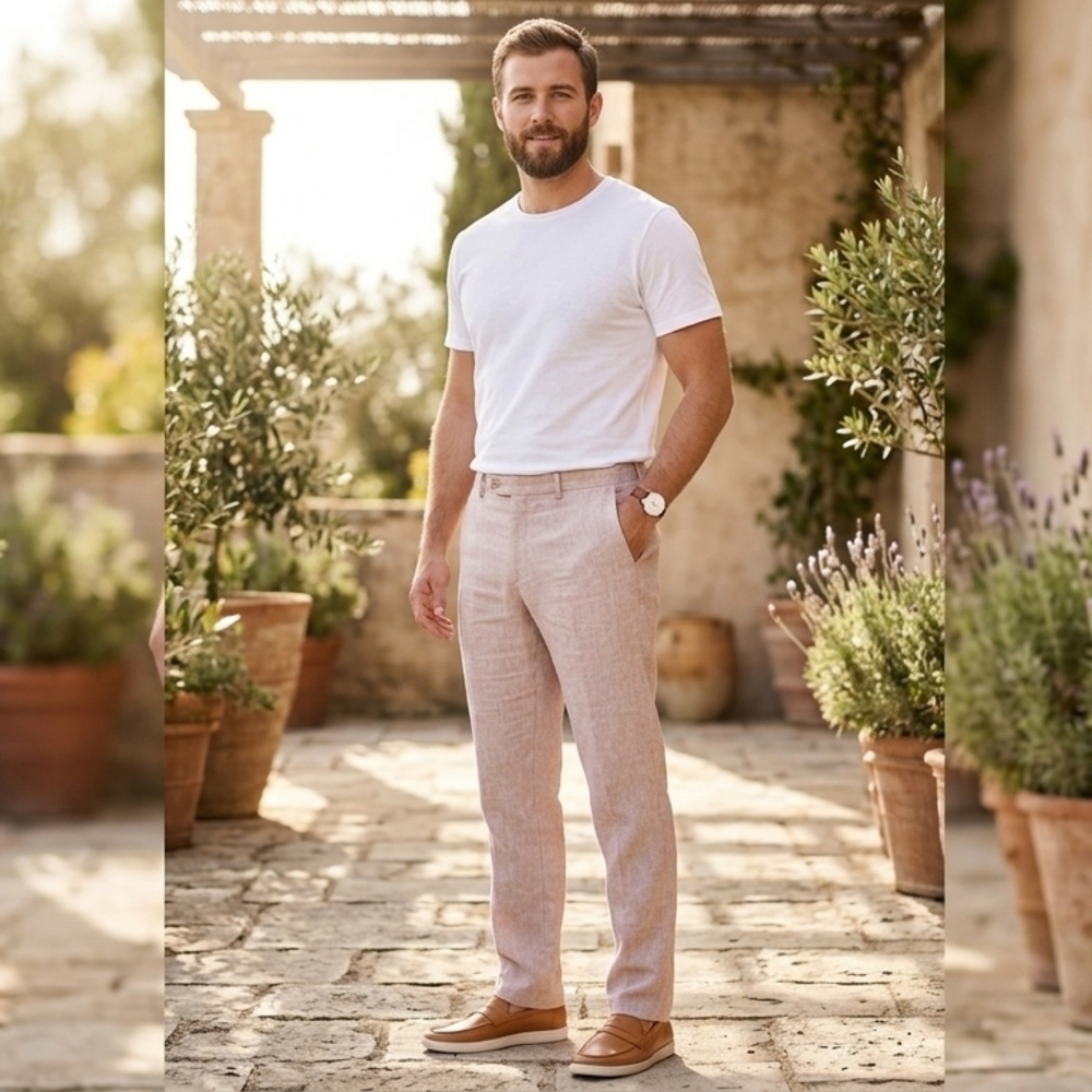 Beige Linen Blend Pants